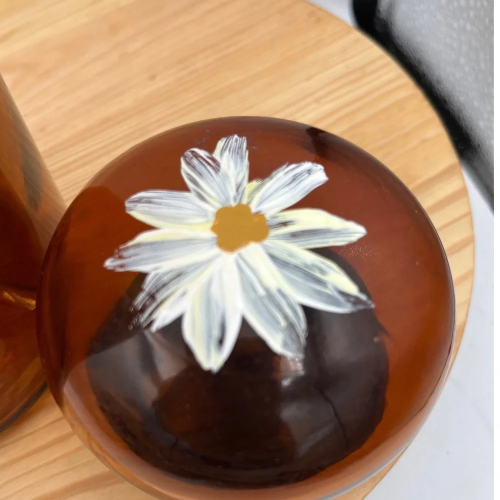 Vtg Belgian Amber Glass Jar Bubble Lid Hand Painted Daisy Storage Mid Century